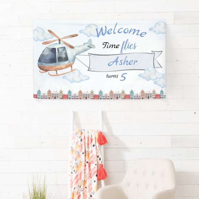 Custom Blue Watercolor Helicopter Boys Birthday Banner (Insitu)