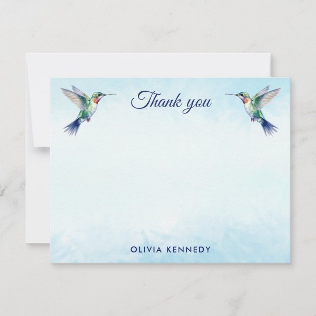 Custom Blue Watercolor Hummingbird Vielen Dank Mitteilungskarte (Vorderseite)