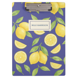Custom Blue Watercolor Lemon Muster Klemmbrett