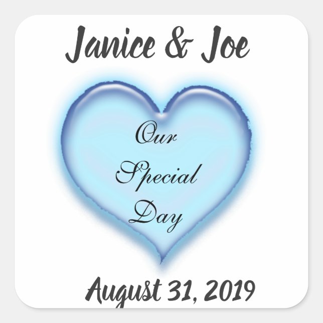 Custom Blue Wedding Heart Design Quadratischer Aufkleber (Vorderseite)