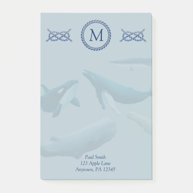 Custom Blue Whales mit Monogram Post-it Klebezettel (Vorderseite)