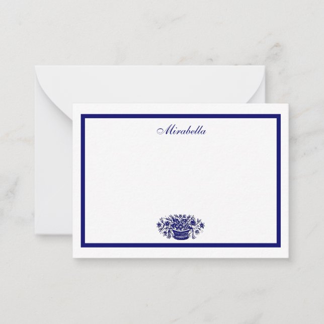 Custom Blue White Blume Blue Border 3.5x2.5 Mitteilungskarte (Vorderseite)
