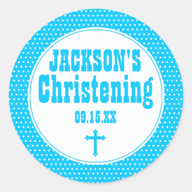 Custom Blue & White Dot Christening Sticker, Cross Runder Aufkleber (Vorderseite)