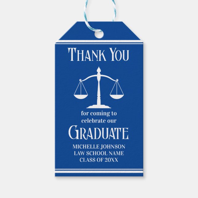 Custom Blue White Law School Graduation Party Geschenkanhänger (Vorderseite)