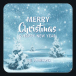 Custom Blue White MERRY CHRISTMAS Tree Winter Quadratischer Aufkleber<br><div class="desc">Fügen Sie diese modernen und personalisiert blauen Weihnachtsfeiertage und fröhlichen neuen Jahresaufkleber Ihren Grußkarten,  Umschlägen oder Geschenken hinzu. Weihnachtsbäume in blauen weißen,  blinkenden Lichtern in einer schneebedeckten Winterlandschaft . Bearbeitbarer Text - Farbe,  Schriftart und Größe.</div>