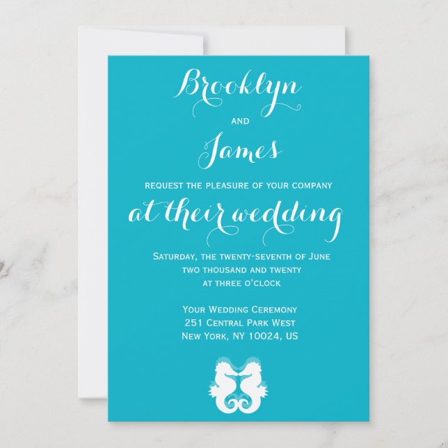 Custom Blue White Seepferd Hochzeitseinladungen Einladung (Vorderseite)
