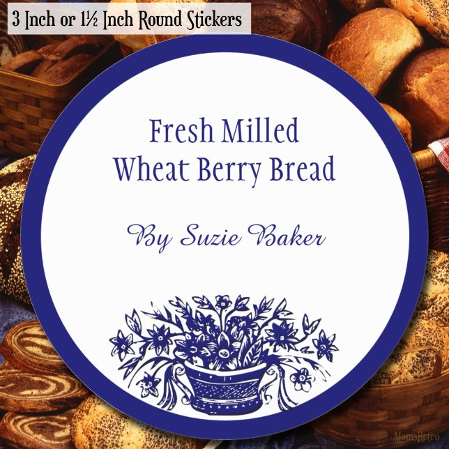 Custom Blue White Vintage Blume Baking Stickers (Custom Blue White Vintage Flowers Round Baking Stickers)