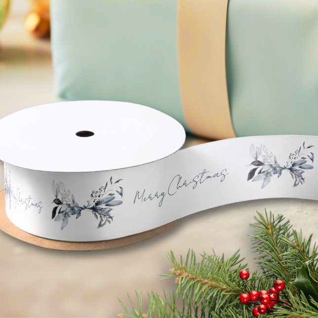 Custom Blue Winter Foliage Frohe Weihnachtsferien Satinband (Von Creator hochgeladen)