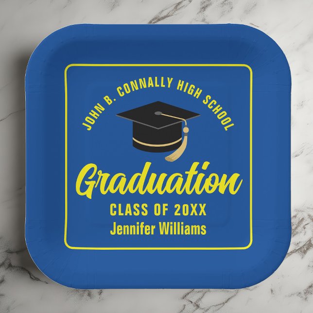 Custom Blue Yellow Graduation Party Square Pappteller (Von Creator hochgeladen)