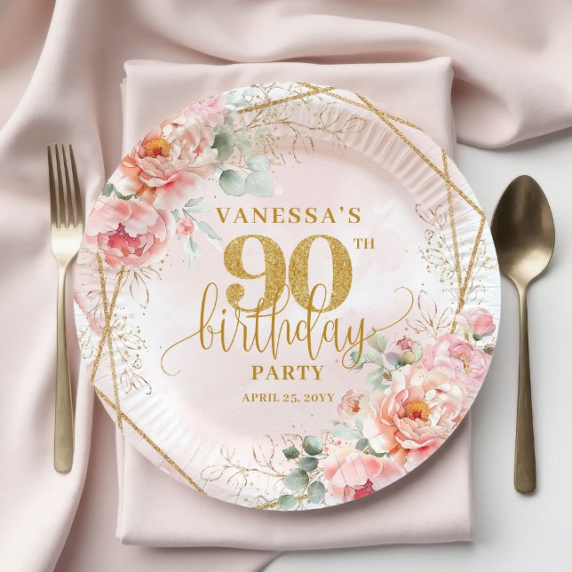 Custom Blush Floral Gold Glitter 90th Birthday  Pappteller (Custom Blush Floral Gold Glitter 90th Birthday Plates)