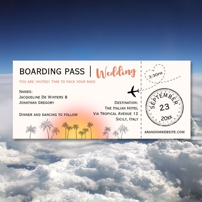 Custom Boarding Pass Tropical Sunset Wedding Einladung (Von Creator hochgeladen)