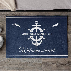 Custom Boat Name Ship's Wheel Anchor Nautical Blue Fußmatte