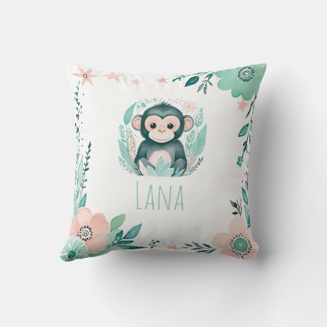 Custom Boho Baby Monkey Pillow Pastell Green Kissen (Rückseite)