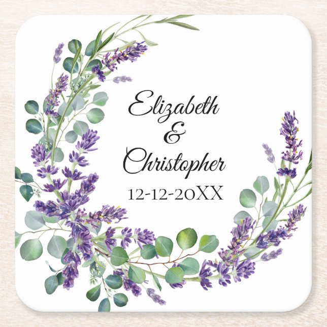 Custom Boho Lavender Eucalyptus Wedding Rechteckiger Pappuntersetzer (Vorderseite)