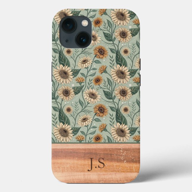 Custom Boho Sunflowers Wood Effect Case-Mate iPhone Hülle (Rückseite)