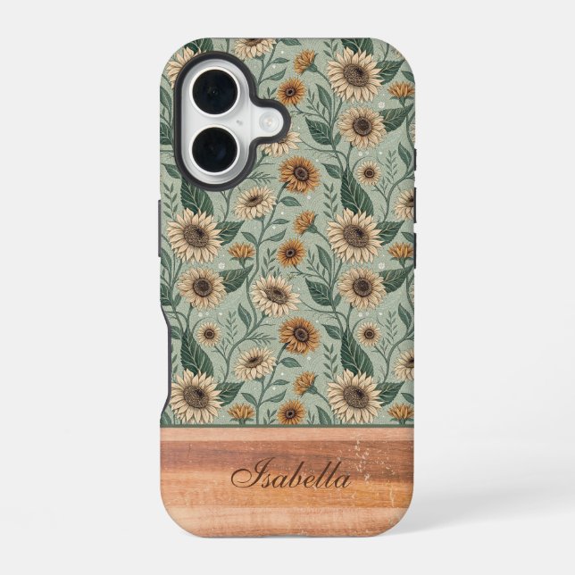 Custom Boho Sunflowers Wood Effect iPhone 16 Hülle (Rückseite)