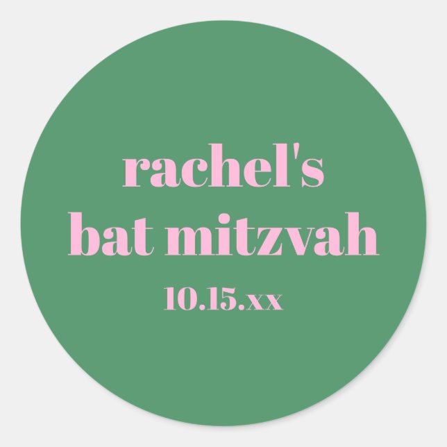 Custom Bold Pink Green Cute  Modern Bat Mitzvah Runder Aufkleber (Vorderseite)