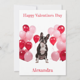 Custom Boston Terrier Pink Red Balloons Valentine Feiertagskarte