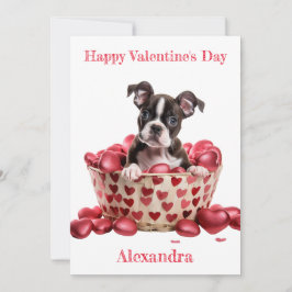 Custom Boston Terrier Puppy Basket Valentine Feiertagskarte