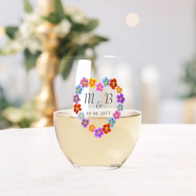 Custom Botanic Boho Floral Heart Lei Wreath Weinglas Ohne Stiel (Insitu (Hochzeit))