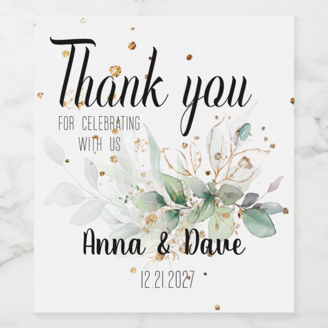Custom Botanical & Gold Wedding Vielen Dank für Ih Weinetikett (Einzelnes Label)
