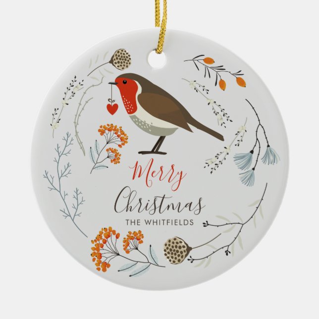 Custom Botanical Robin Bird Botanical Christmas Keramik Ornament (Vorne)