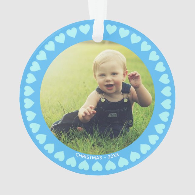 Custom Boy Foto & Hearts on Light Blue Ornament (Rückseite)