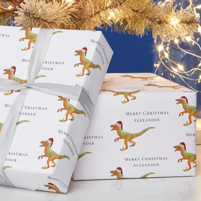 Custom Boy Name Christmas Dinosaur Velociraptor Geschenkpapier (Personalized boy name merry Christmas dinosaur velociraptor Santa white modern gift wrapping paper)
