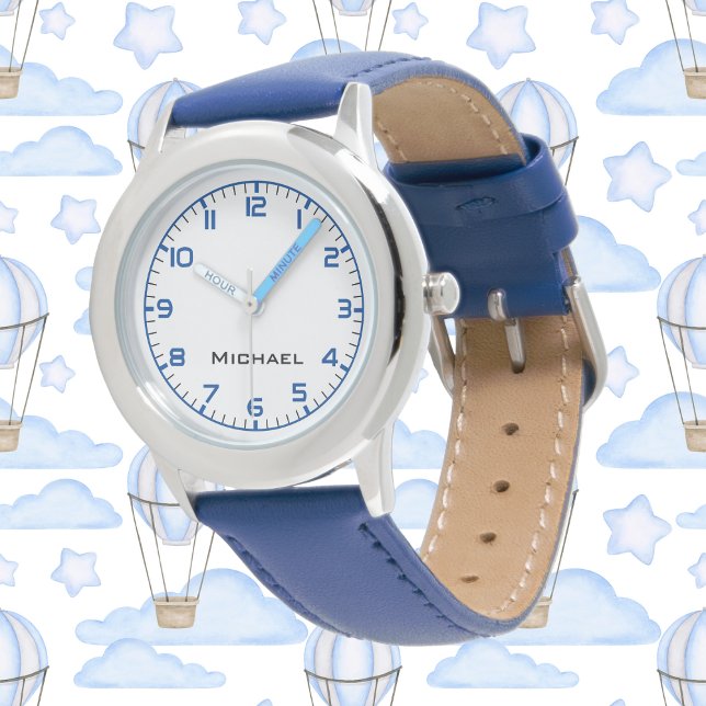 Custom Boy Name Steel Blue Leather Strap Kids Armbanduhr (Von Creator hochgeladen)