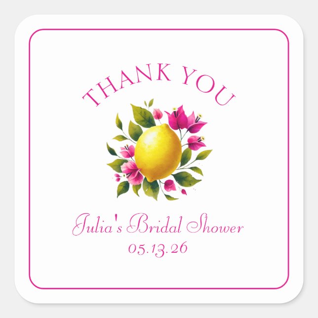 Custom Brautparty Lemon Pink Floral Vielen Dank Quadratischer Aufkleber (Vorderseite)