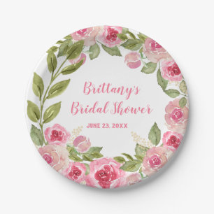 Custom Brautparty Wild Pink Roses Grüne Pappteller