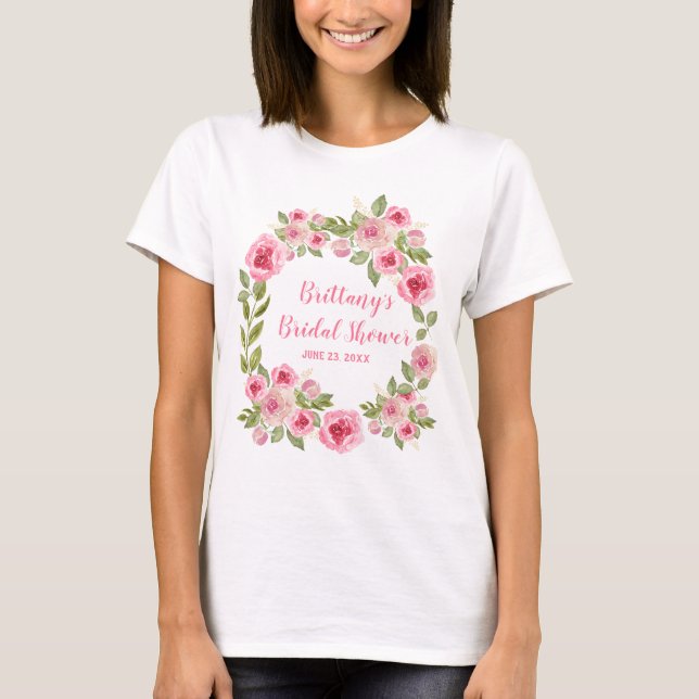 Custom Brautparty Wild Pink Roses Grüne T-Shirt (Vorderseite)