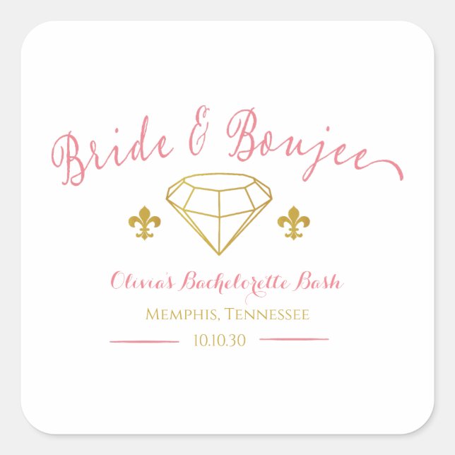 Custom Bride Boujee Diamond Junggeselinnen-Abschie Quadratischer Aufkleber (Vorderseite)
