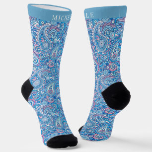 Custom Bright Blue White Pink Paisley Muster Socken