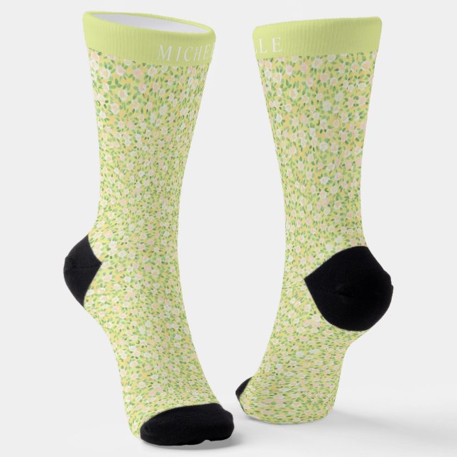 Custom Bright Lemon Yellow Floral Green Muster Socken (Gewinkelt)