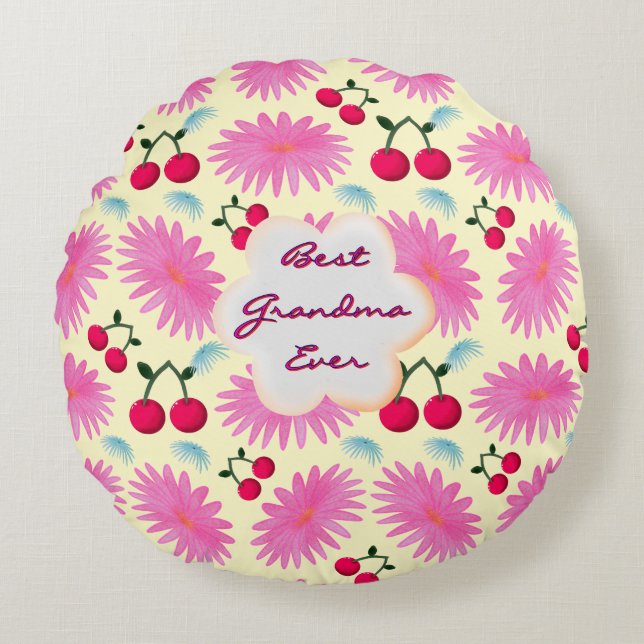 Custom Bright Pink Floral Cherry Pattern  Rundes Kissen (Vorderseite)