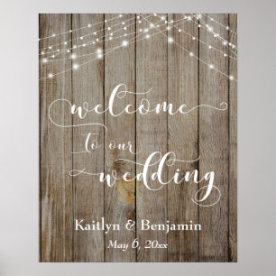 Custom Brown Wood & Lights Wedding Willkommenszeic Poster