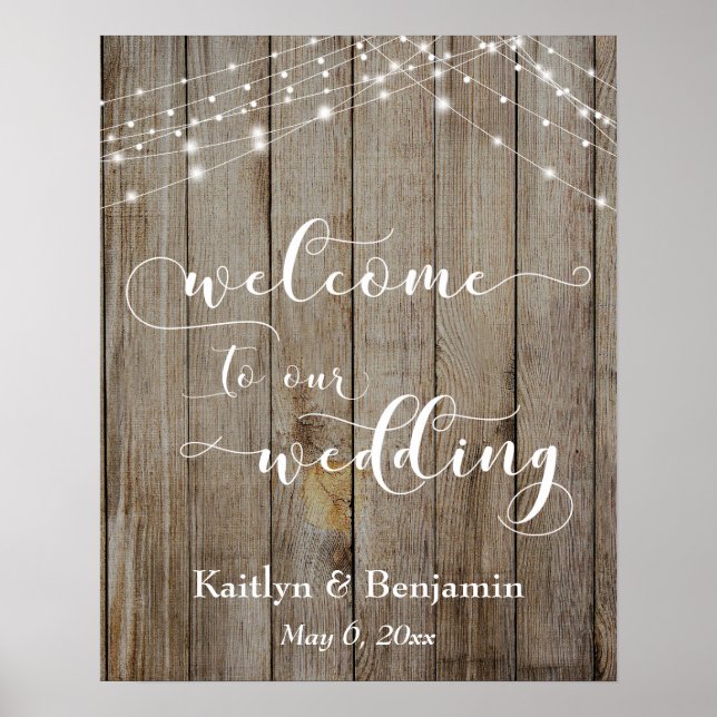 Custom Brown Wood & Lights Wedding Willkommenszeic Poster (Vorne)