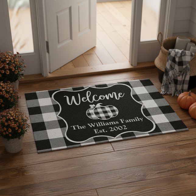 Custom Buffalo Kariert Black & White Herbst Willko Fußmatte (Custom Buffalo Plaid Black & White Autumn Welcome Doormat)