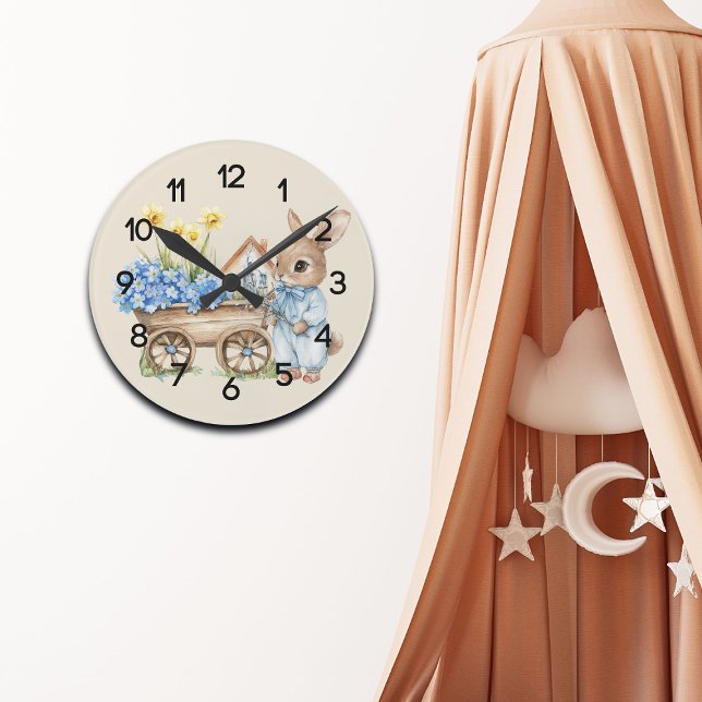 Custom Bunny mit Blue Flowers Kinderzimmer Runde Wanduhr (Von Creator hochgeladen)
