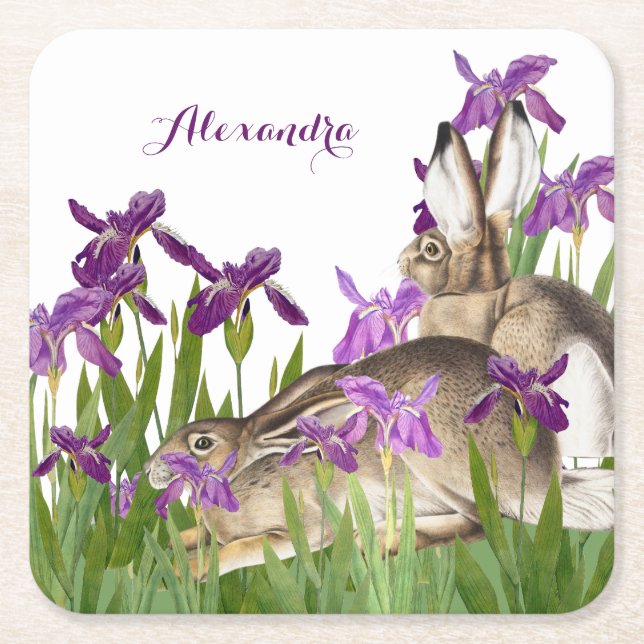 Custom Bunny Rabbit Lila Iris Floral Rechteckiger Pappuntersetzer (Vorderseite)