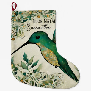 Custom Buon Natale Italian Green Hummingbird Großer Weihnachtsstrumpf