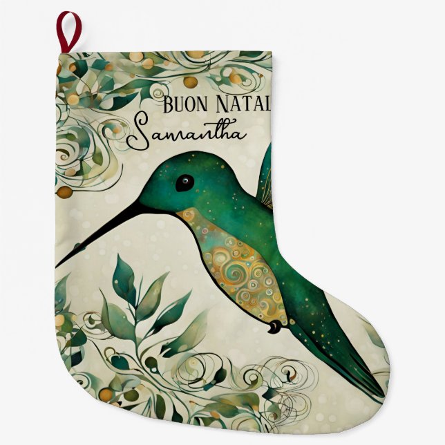 Custom Buon Natale Italian Green Hummingbird Großer Weihnachtsstrumpf (Vorderseite)