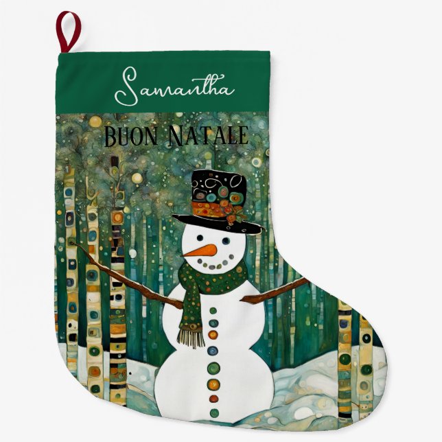 Custom Buon Natale Italian Green Snowman Großer Weihnachtsstrumpf (Vorderseite)