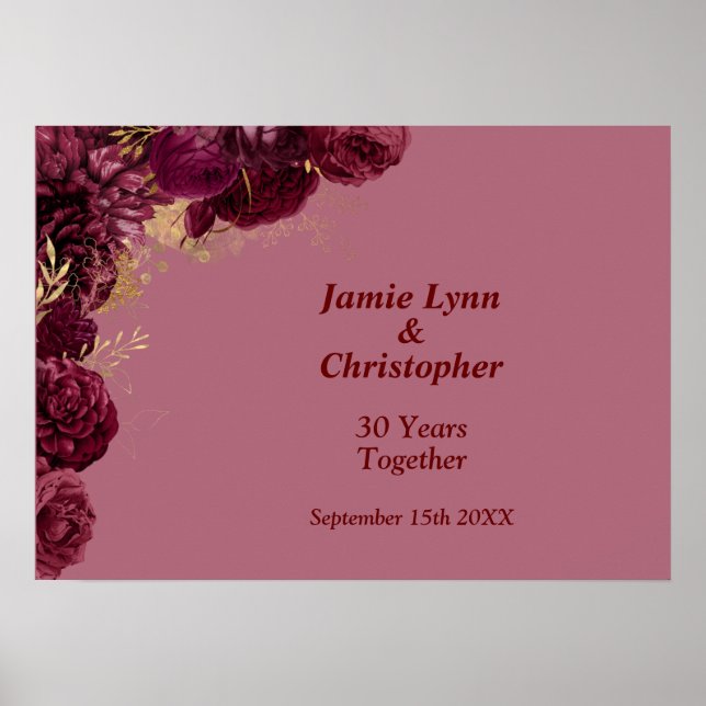 Custom Burgundy Floral Wedding Anniversary Poster (Vorne)