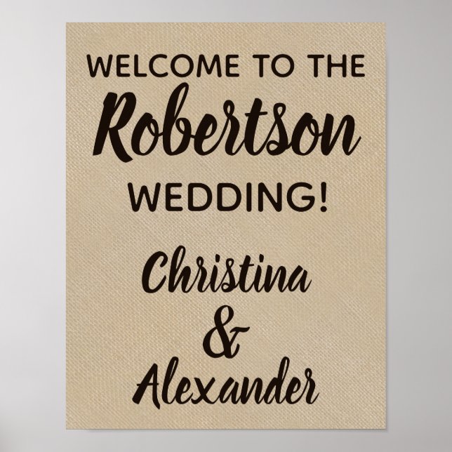 Custom Burlap Rustic Vintage Wedding Willkommensze Poster (Vorne)