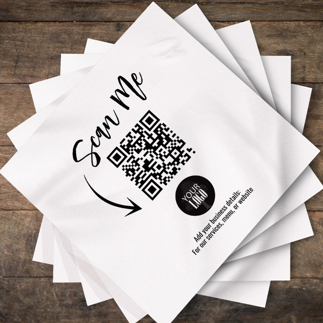 Custom Business QR Code Scan Me Cocktail Serviette (Custom business QR code napkin with Scan Me script and logo.)