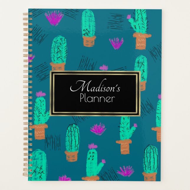 Custom Cactus Doodle Name Gold Planer (Vorderseite)