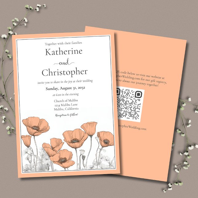 Custom California Poppy Peach Floral Wedding Einladung (California Poppies floral wedding invitation in Peach Fuzz with QR code for wedding website.)