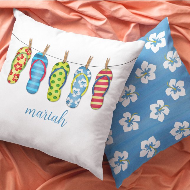 Custom Calligraphy Script Beach Kissen (Cute Beach Flip Flops Personalized Pillow. )